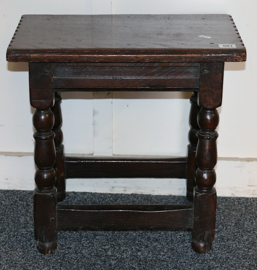 Victorian oak joint stool on turned supports and bun feet,