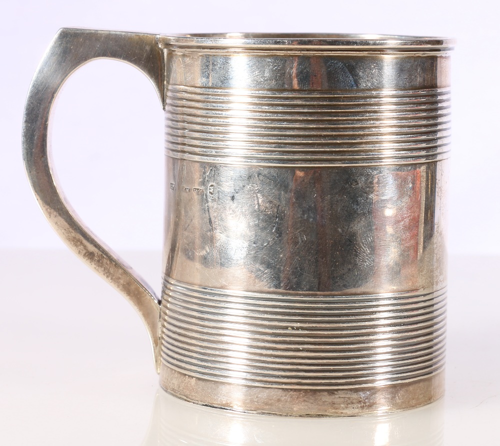 Beer mug with reeded bands and loop handle of rectangular section maker given as W Bannerman,