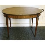 French parquetry oval brass mounted occasional table with twin handles, raised on cabriole supports,