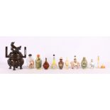 Chinese bronze koro with triangle dog finial 16cm tall and eleven oriental scent bottles