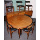 G-Plan teak dining room suite comprising round dining table,