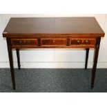 Victorian mahogany and inlaid fold-over tea table, with three frieze drawers,