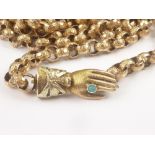 Early 19th century gold long chain of textured belcher links with coloured gold snap and turquoise.