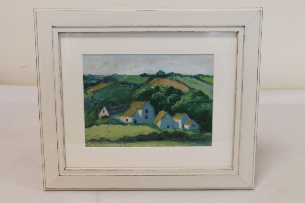 K. M. HALES. Landscape with farm. Gouache. 14.5cm x 19cm. Signed.