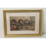 Armand Coussens coloured etching depicting a town square and "Hotel De La Belle Provencale".