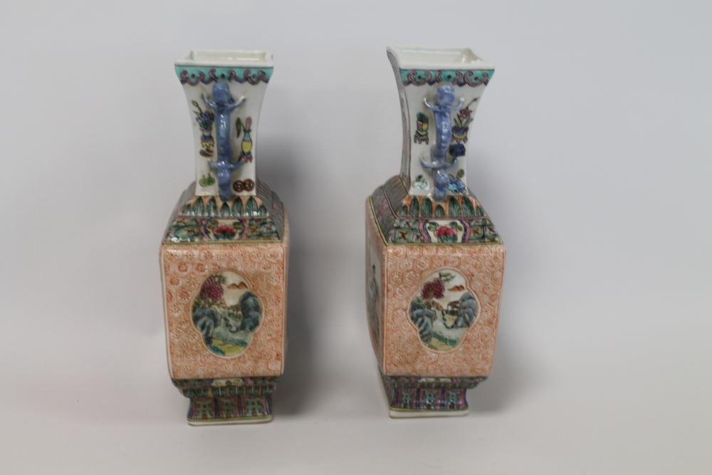 Pair of late 20th Chinese porcelain vases of twin handled rectangular baluster form decorated with - Image 8 of 22