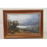 ALAN R THOMPSON. "Ullswater from Gowbarrow with storm". Oil on canvas. 18.5cm x 29cm.