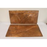 Pair of handmade repousse copper advertising plaques for Bromage Pipes, 38cm x 74cm and 36cm x 73cm.