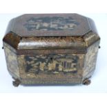 19th century Chinese export gilt-decorated black lacquer tea caddy of shaped hexagonal form,