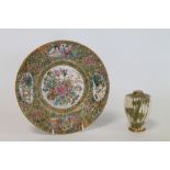 Chinese famille rose plate with finely painted panels of flowers, birds,