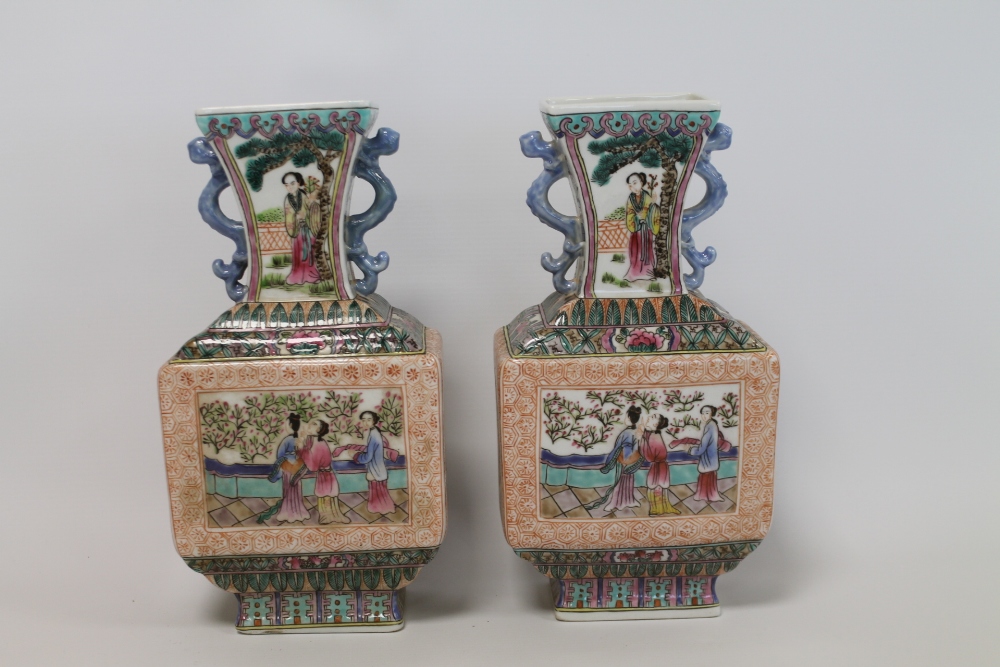 Pair of late 20th Chinese porcelain vases of twin handled rectangular baluster form decorated with - Image 7 of 22