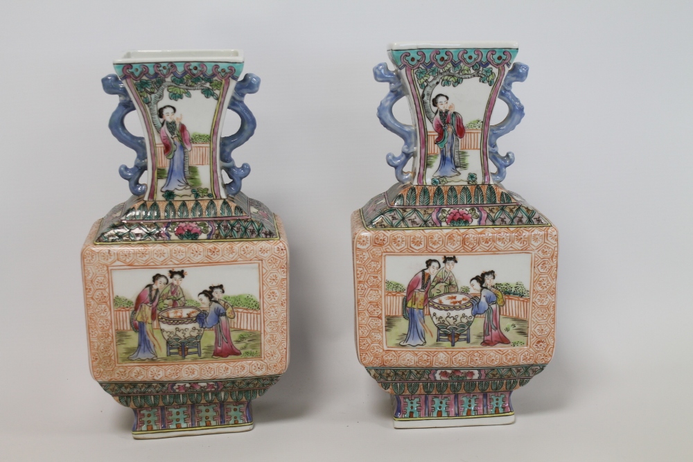 Pair of late 20th Chinese porcelain vases of twin handled rectangular baluster form decorated with - Image 5 of 22