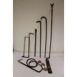 Horn handled hunting or coachman's whip, two horn handled riding crops,