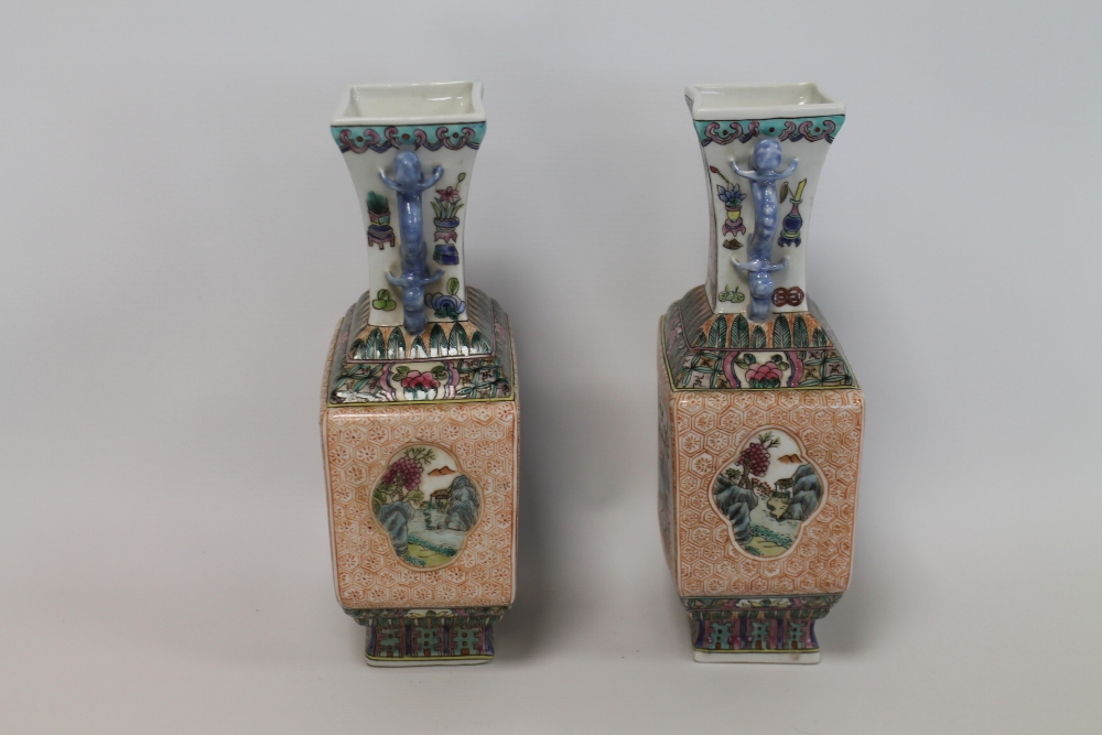 Pair of late 20th Chinese porcelain vases of twin handled rectangular baluster form decorated with - Image 6 of 22