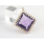 Victorian gold pendant with square amethyst surrounded by pearls, probably 15ct.