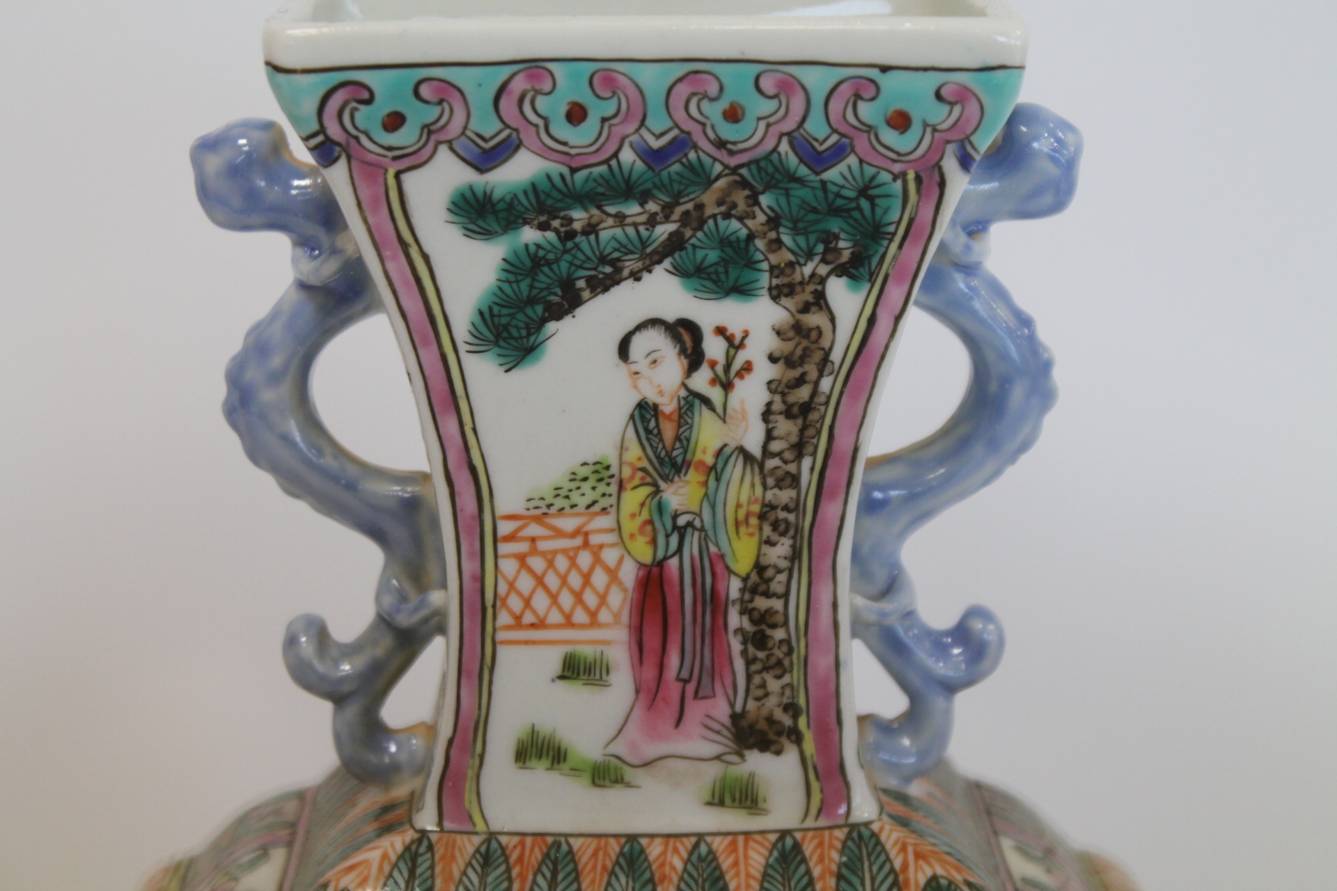 Pair of late 20th Chinese porcelain vases of twin handled rectangular baluster form decorated with - Image 22 of 22