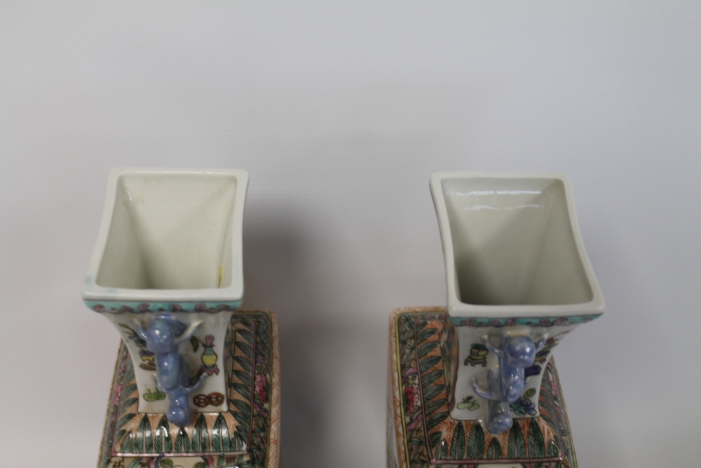Pair of late 20th Chinese porcelain vases of twin handled rectangular baluster form decorated with - Image 9 of 22