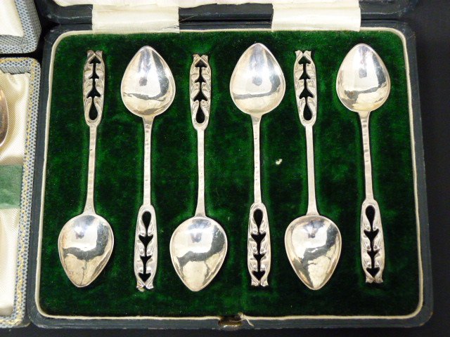 Set of six silver coffee spoons of Arts and Crafts style, hammered and pierced by A E Jones, - Image 2 of 2