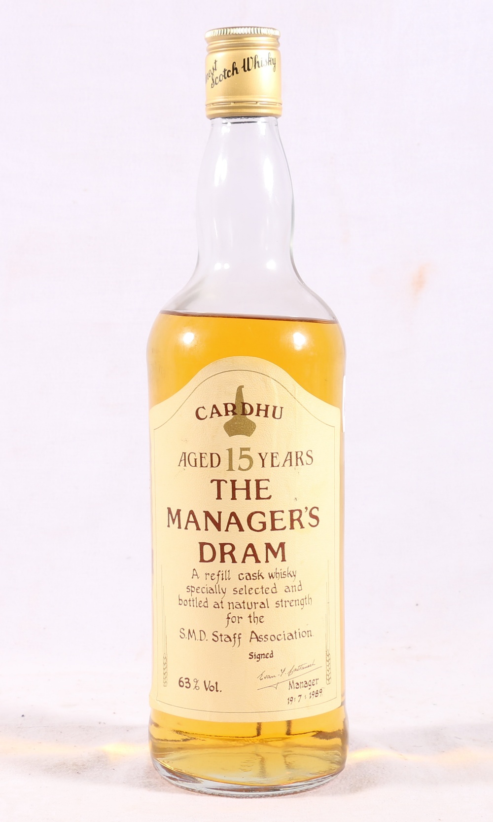 CARDHU The Manager's Dram fifteen year old single malt Scotch whisky bottled for the SMD Staff