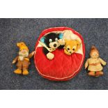 Merrythought cushion or hot water bottle cover with cat and mouse and two of the seven dwarf dolls