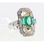 18ct white gold Art Deco emerald and diamond set cluster dress ring.