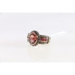 18ct Rose and white gold tourmaline, pink sapphire and diamond set dress ring.