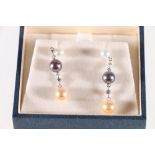 18ct white gold coloured cultured pearl and diamond set drop earrings.