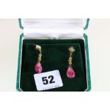 18ct yellow and white gold Zoisite ruby, diamond and citrine drop earrings.