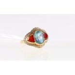 18ct yellow gold aquamarine, fire opal and diamond set Marquise cluster ring.