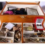 Domed top marquetry jewellery box containing a large quantity of costume jewellery