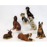 Six various plaster and resin and figures of dogs including Boxer; Alsatian;