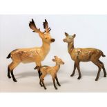 Three Beswick figures: Stag - Standing, no. 981, (restored leg), 20cm high; Doe, no.