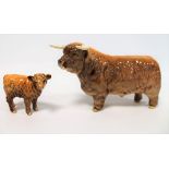 Two Beswick figures: Highland Bull, no. 2008, 12.7cm high and Highland Calf, no. 1827D, 7.6cm high.