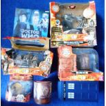 Dr. Who. Eight various figures and collector's plate. Mostly boxed or packaged.