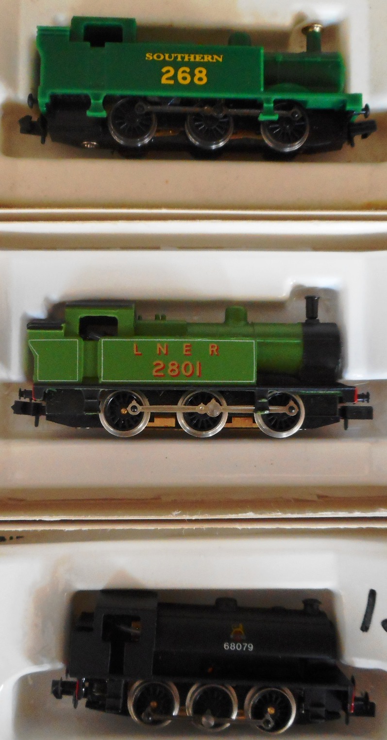 Graham Farish. N gauge. 0-6-0T loco. 268, green, S.R. 0-6-0T loco. 2801, green, L.N.E.R.