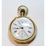 Swiss keyless chronograph, possibly Audemars, split seconds, in 18ct gold open face case, 51mm.