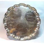 Circular tray with shaped moulded edge on scalloped pad feet, facsimile signatures,