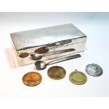 Silver cigarette box with facsimile signatures, 1931, also four medals and a spoon.