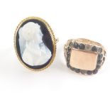 Ring with 19th century onyx cameo of a woman, on 9ct gold band and a Georgian gold ring, initialled.