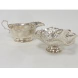 Silver pierced hexagonal small tazza and a sauce boat. Condition Report. 6 1/2 oz.