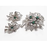 Emerald & diamond floral brooch & earrings set with baguette and brilliant cut diamonds,