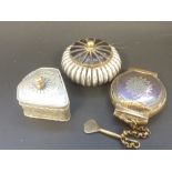 Turkish brass and iron opium box with spatula and two others.