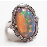 Large oval opal & diamond cluster ring set with brilliant, heart & marquis cut diamonds,