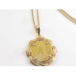 Sovereign 1892, in gold detachable mount, with necklace. Condition Report. 20g.