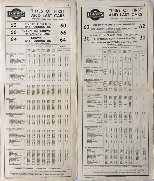 Pair of Metropolitan Electric Tramways (Underground Group) PANEL TIMETABLES dated January 1933,