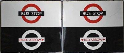 1960s London Transport enamel BUS & RED ARROW STOP FLAG, for standard bus services and Red Arrows on