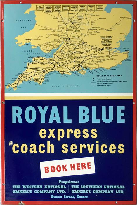 A c1950s enamel BOOKING OFFICE SIGN for Royal Blue Express Coach Services incorporating a network