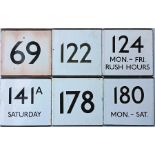 Selection of London Transport bus stop, enamel E-PLATES comprising routes 69, 122, 124 Mon-Fri