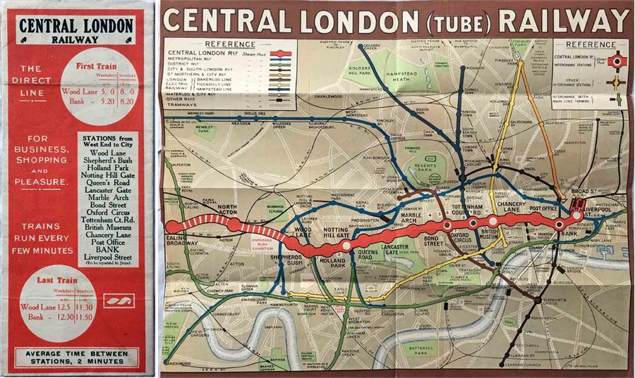 1912 Central London Railway POCKET MAP titled 'Central London (Tube) Railway' with a brown border