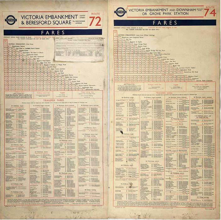 London Transport Tramways card FARECHART dated April 1949 for routes 72 and 74 from Victoria